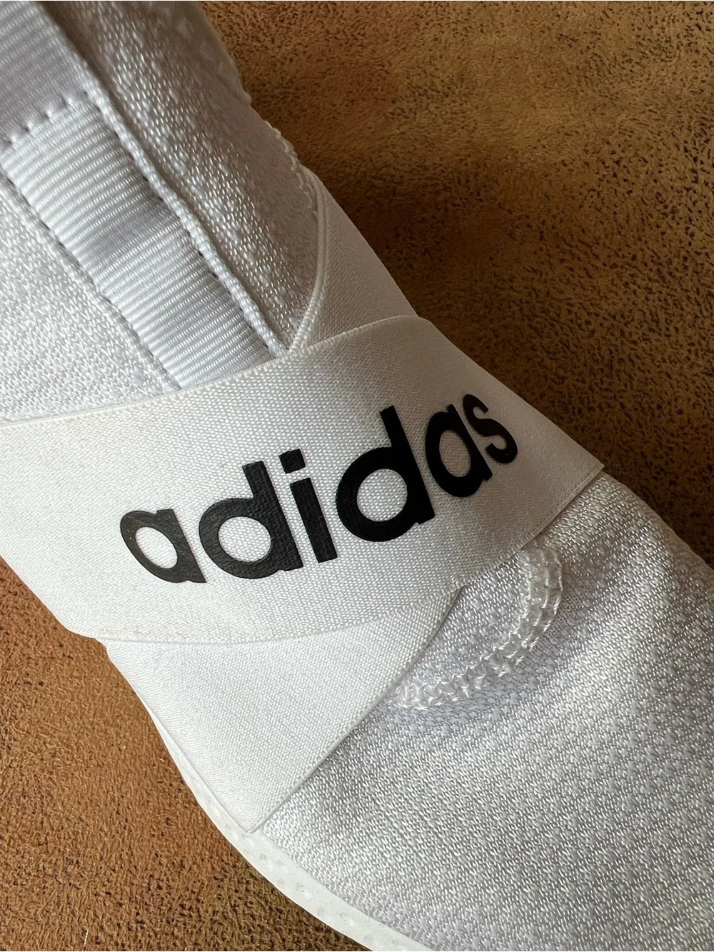 adidas White Slip-On Sneakers with Black Logo Strap. Size 6.5